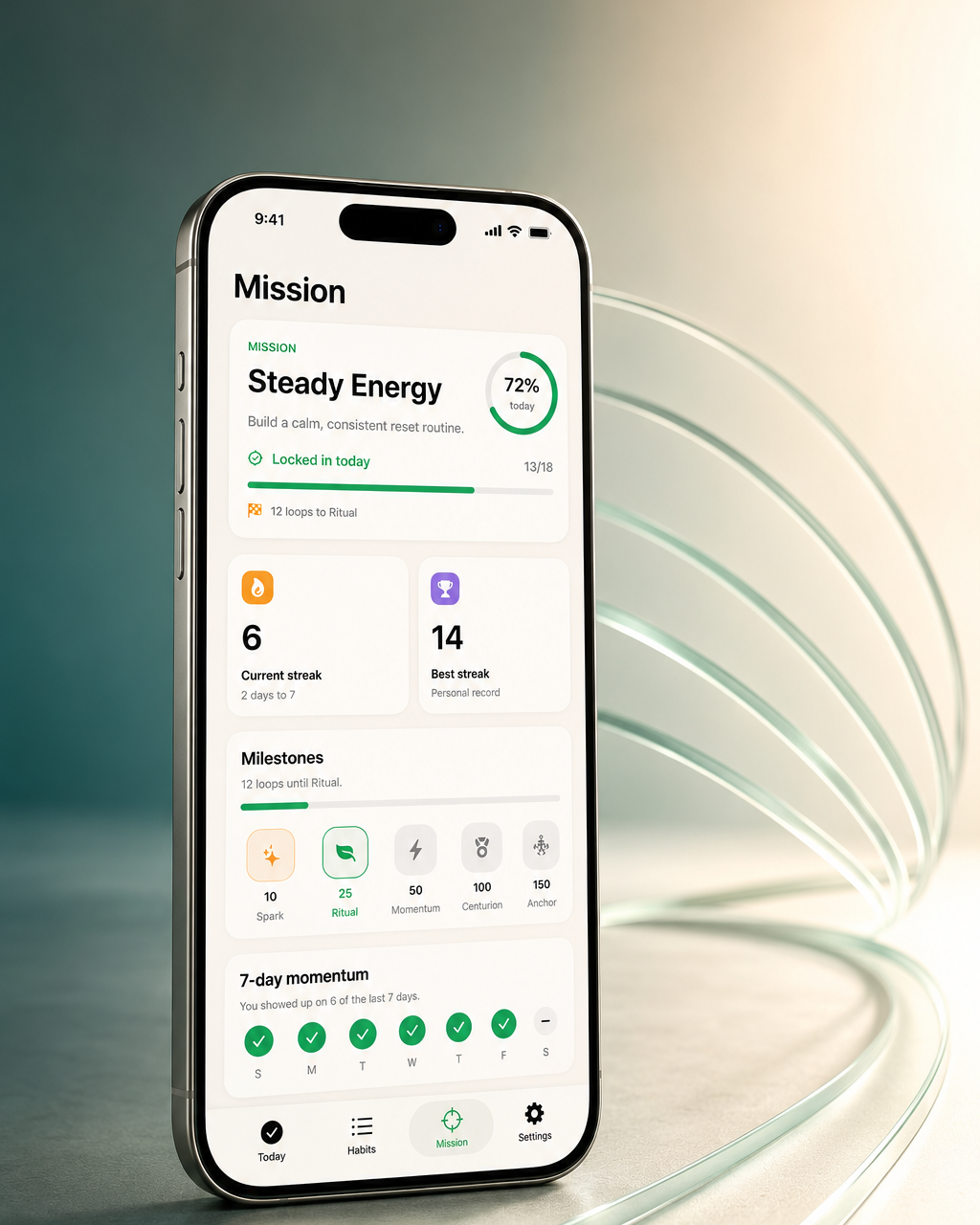 Loop Mission screen in a premium iPhone studio mockup