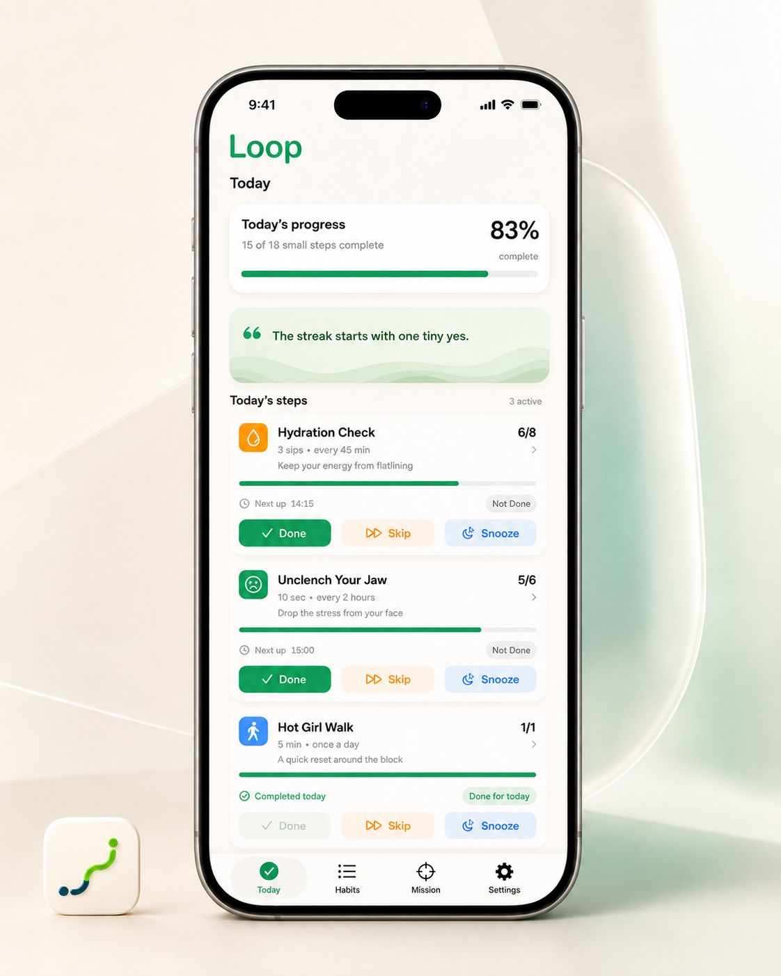 Loop Today screen in a premium iPhone studio mockup, showing 83 percent progress and three active loops